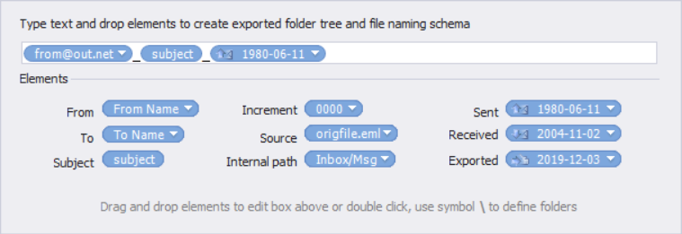 MailDex setup page for creating a custom naming plan for exported email files.
