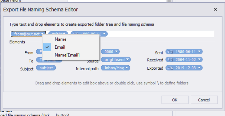 Custom file naming schema for email with MailDex. Drag and drop elements.